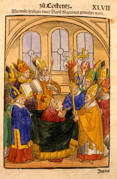 Martin V wordt geïnstalleerd als paus op het Concilie van Konstanz, uit 